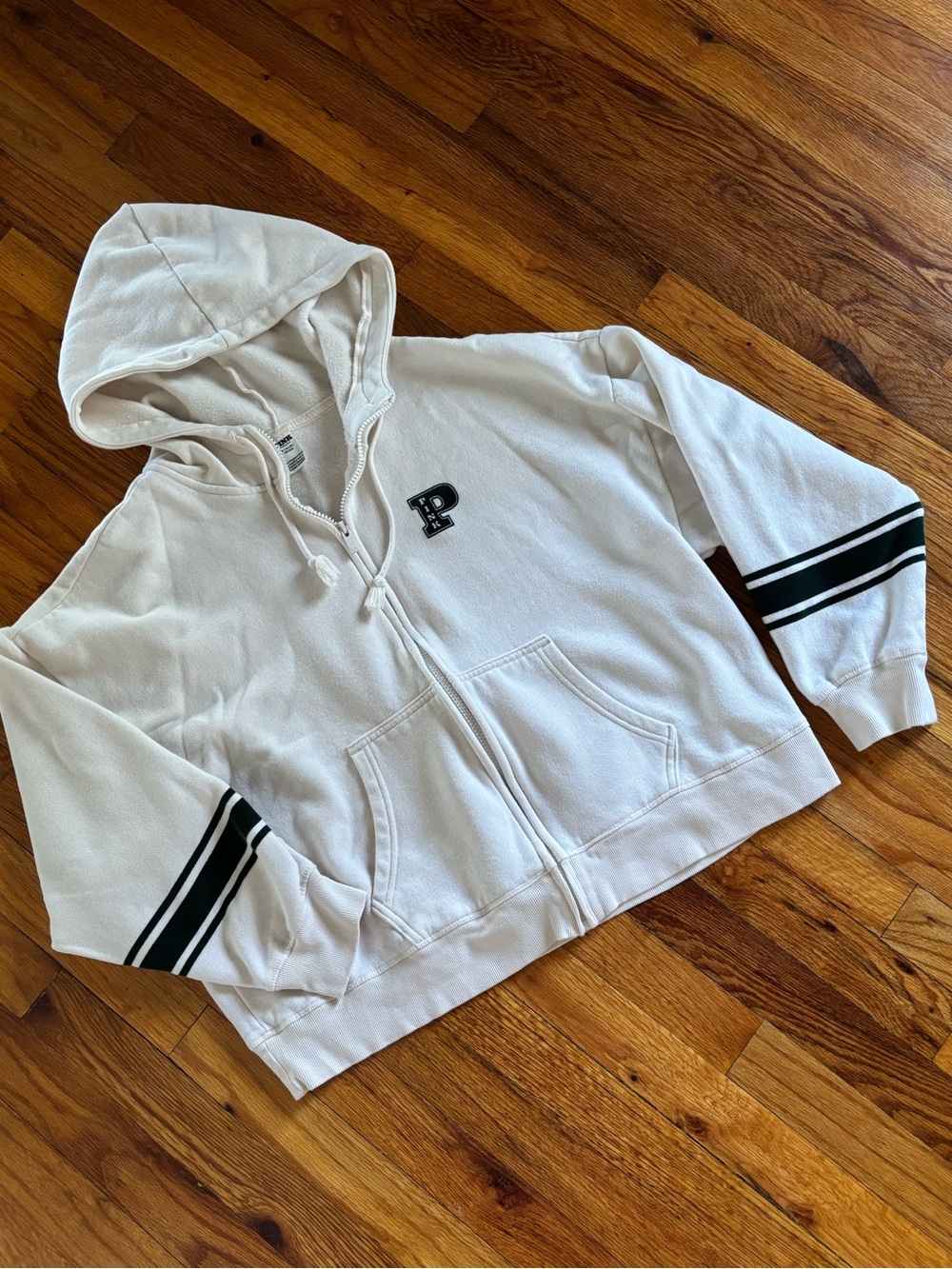 Cream Dark Green Velvet Stripes Cropped Hoodie